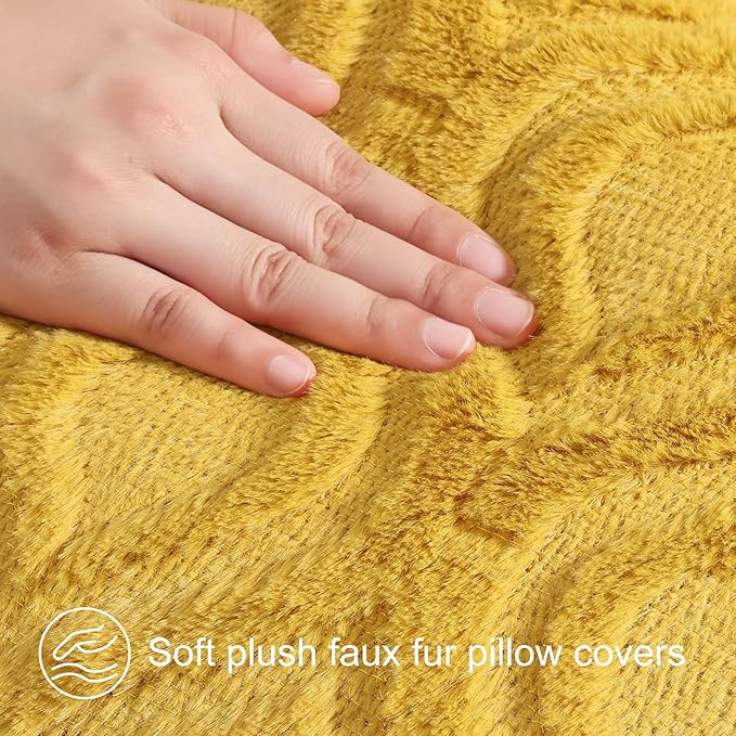 decorUhome Throw Pillow Covers 26x26 Inch Set of 2, Soft Plush Decorative Faux Fur Mustard Yellow Solid Couch Pillow Covers, Accent Farmhouse Neutral Square Euro Pillow Cases for Sofa Bed Living Room