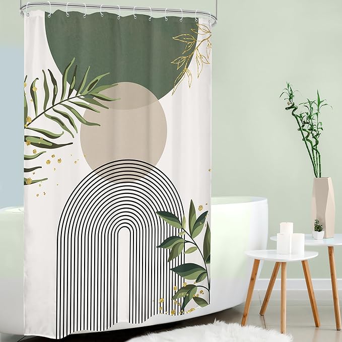 Small Stall Green Boho Shower Curtain 54Wx78H Rv Modern Bohemian Abstract Sage Green Gold Leaves Plant Minimalist Narrow Half Bathroom Decor Geometric Bath Curtain Fabric Polyester 12 Pack Hook
