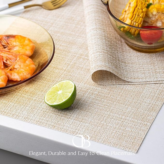Placemats Set of 6 - Easy Clean Woven Vinyl Placemat for Dining Table, Indoor/Outdoor Place Mats, Washable PVC Table Mats（Beige）