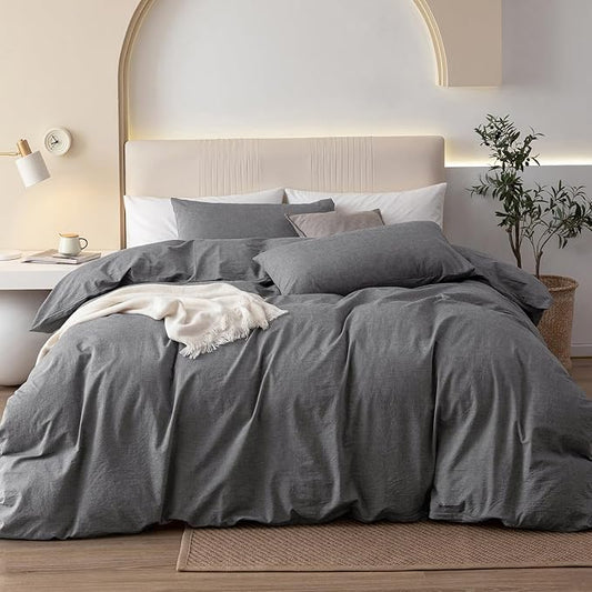 JIYUAN 100% Washed Cotton Duvet Cover Set 3 Pieces Full, 1 Duvet Cover 80x90 Inches (Comforter Not Included) and 2 Pillowcases,Linen Feel Bedding Set Comfy and Breathable, Heathered Dark Grey