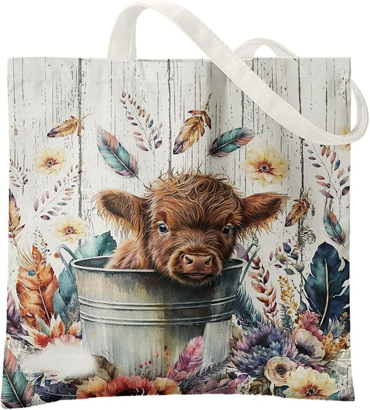 Western Highland Cow Canvas Tote Bag - Highland Cow Lover Gifts,Canvas Shoulder Bag for Women for Girls