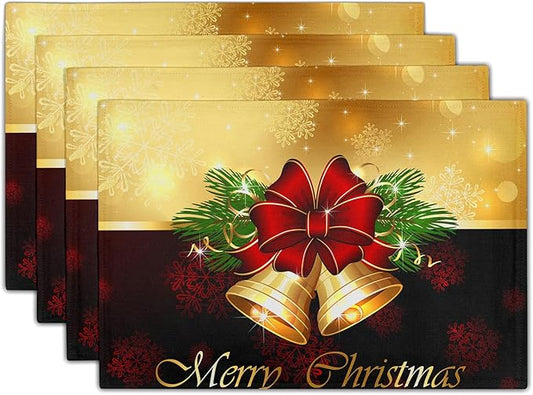 Giwawa Merry Christmas Placemats Set of 4, Winter Snowflakes Xmas Jingle Bell Red Bow Table Place Mats for Kitchen Dining Holiday Party Decor, Heat Resistant Non-Slip Washable, 12x18 Inch