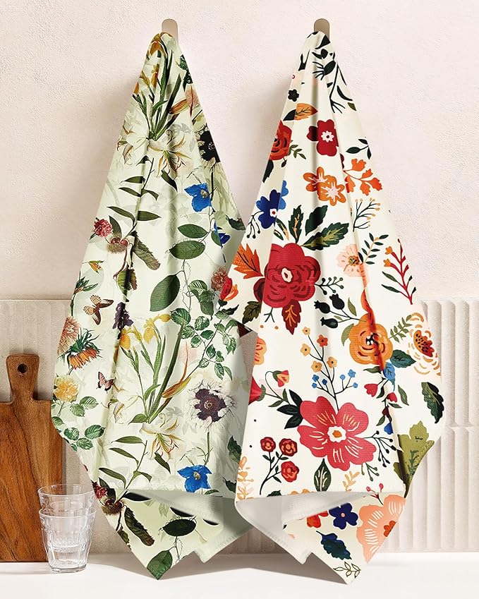 Microfiber Kitchen Towels - Set of 2 Dish Towels for Kitchen 18 x 26 Inch Home Decoration Red Flower Grass Cute Spring Hand Towels Soft & Absorbent Aesthetic Design