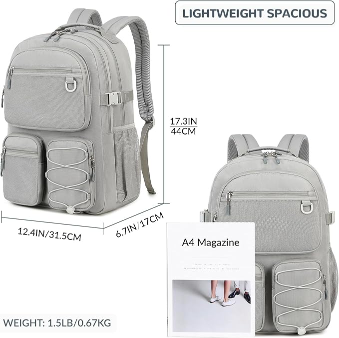 Lohol Water Resistant Daypack with Mulitiple Pockets for School Travel Outdoor College, 15.6 inch Laptop Backpack for Men and Women (Grey)