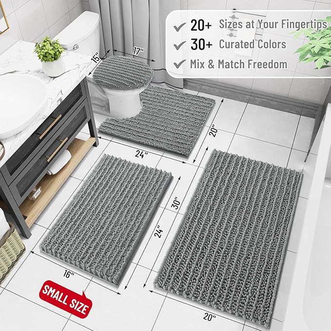 Arotive Luxury Chenille Bathroom Rug Mat, Extra Soft Thick Absorbent Shaggy Bath Rugs, Non-Slip Machine Wash Dry, Plush Bath Mats for Bathroom, Shower and Tub, 54x24, Grey