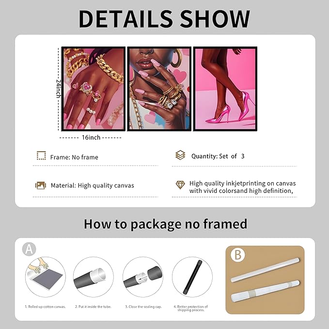 ANVOTIG Pink Fashion Black Girl Canvas Wall Art Set of 3 Black Woman African American Wall Decor Pictures Gorgeous Black Women Artwork Posters Prints for Living Room Bedroom Bathroom 16x24In Unframed