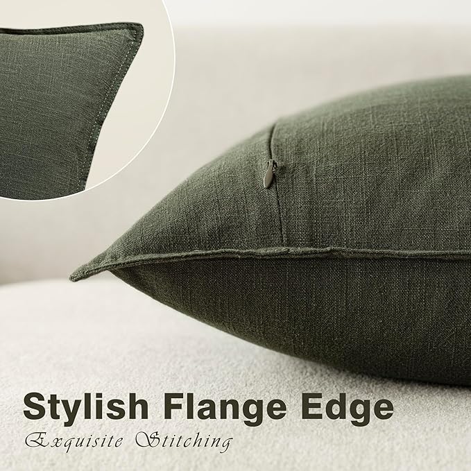 Foindtower Pack of 2, Decorative Linen Solid Throw Pillow Covers Soft Accent Cushion Case Farmhouse Neutral Pillowcase for Chair Couch Sofa Bedroom Living Room Home Decor 22 x 22 Inch Dark Olive Green