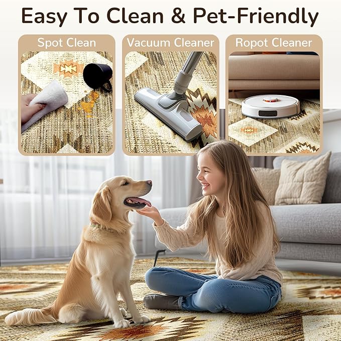 Area Rug 2x8 Rug Machine Washable Non-Slip Low Pile Print Pattern Western Rug for Living Room Bedroom Entryway Tribal Series -Cream/Camel