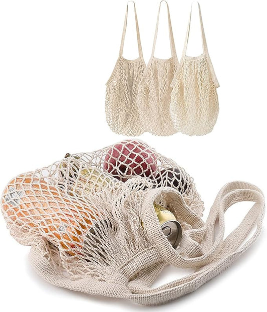 3 pack Cotton String Shopping Bags Reusable Washable Grocery Mesh Bags Organizer for Grocery Shopping Produce Net Bags with Longhandle for Fruit Vegetable Storage