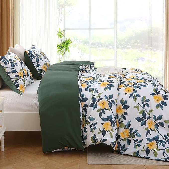 Duvet Cover King Size, Reversible Floral Vintage Duvet Cover Set with Zipper Closure, 3 Pieces Botanical Patterns Soft Microfiber Bedding Set (90"x104", 2 Pillow Cases 20"×36", Winter Jasmine Green)