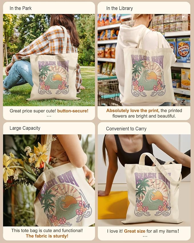 Aesthetic Tote Bag for Girls - with Magnetic Buckle and Zipper Inner Pocket for Women Lady Canvas Cotton Tote Bag