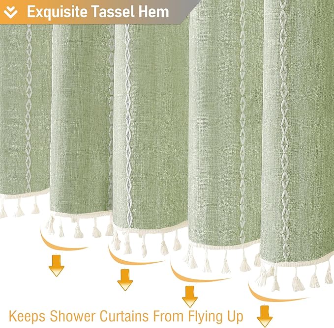 BTTN Sage Green Farmhouse Shower Curtain, Boho Linen Striped Heavy Duty Fabric Shower Curtain Set with Tassel, Bohemian Country Thick Shower Curtain for Bathroom, Wrinkle Free, Water Repellent, 72x72