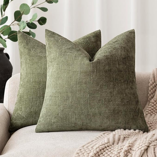 Foindtower Pack of 2 Soft Textured Chenille Throw Decorative Pillow Covers Square Accent Solid Cushion Cover Cozy Neutral Farmhouse Pillow Case for Couch Sofa Bedroom Living Room 22x22 Inch,Dark Green