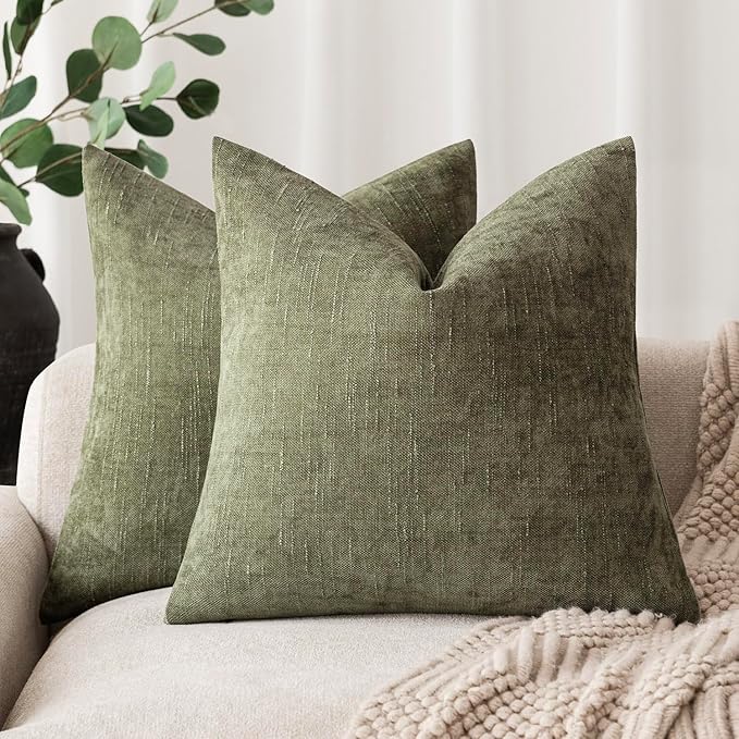Foindtower Pack of 2 Soft Textured Chenille Throw Decorative Pillow Covers Square Accent Solid Cushion Cover Cozy Neutral Farmhouse Pillow Case for Couch Sofa Bedroom Living Room 16x16 Inch,Dark Green