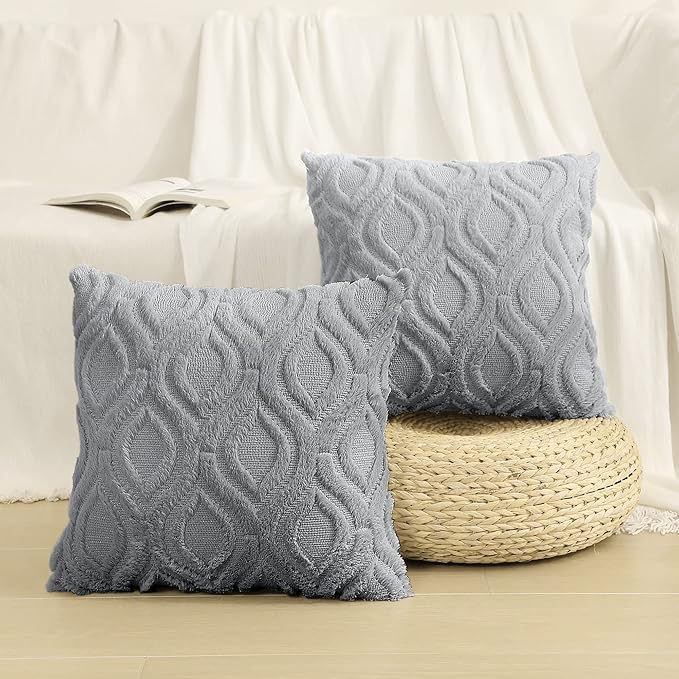 decorUhome Fall Throw Pillow Covers 22x22 Inch Set of 2, Soft Plush Decorative Faux Fur Grey Solid Couch Pillow Covers, Accent Farmhouse Neutral Square Euro Pillow Cases for Sofa Bed Living Room