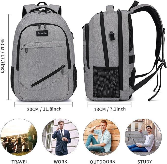 Asenlin Travel Laptop Backpack for Women & Men,Water Resistant Business Slim Sturdy Laptops Backpack with USB Charging Port,Fits 17.3 Inch Notebook College School Computer Bag-Grey