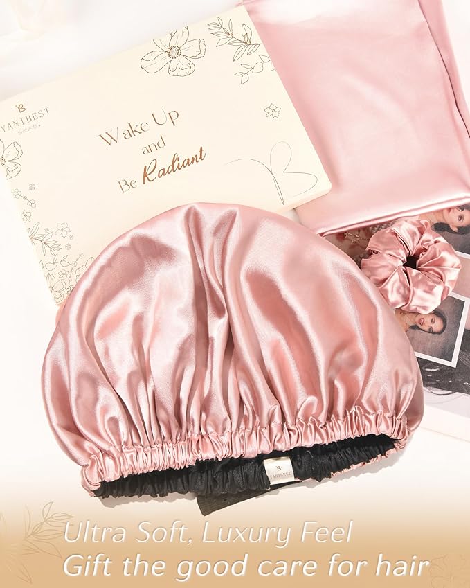 YANIBEST Adjustable Silk Bonnet Double Layer Satin Bonnet Hair Bonnet for Sleeping Bonnets for Women Hats Curly Natural Hair, Blush Pink