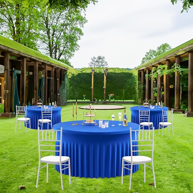 Outpain 8 Pack Royal Blue Spandex Round Tablecloth for 60in Tables, 120Inch Stretchy Fitted 5FT Round Table Clothes,Wrinkle Free Table Cover with Skirt for Wedding Party Dining Banquet