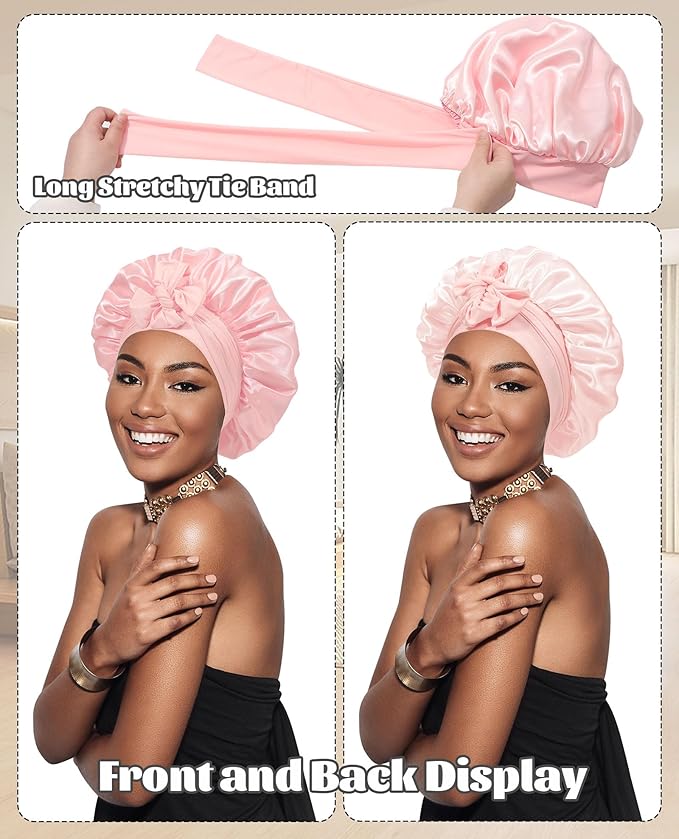 Satin Bonnet Silk Bonnet for Sleeping Silk Sleep Cap Double Layer Hair Bonnet with Elastic Tie Band for Curly Hair Night Cap (Apricot Powder+Champagne)