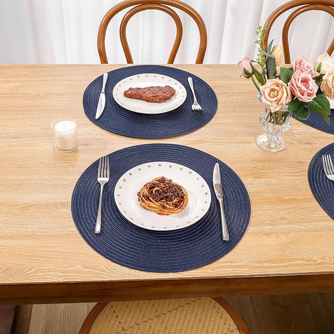 SHACOS Round Placemats Set of 6 Washable 15 inch Circle Cotton Polyester Woven Braided Place Mats for Dining Table Indoor Outdoor Table Mats Home Party Wedding Decor (Navy, 6)