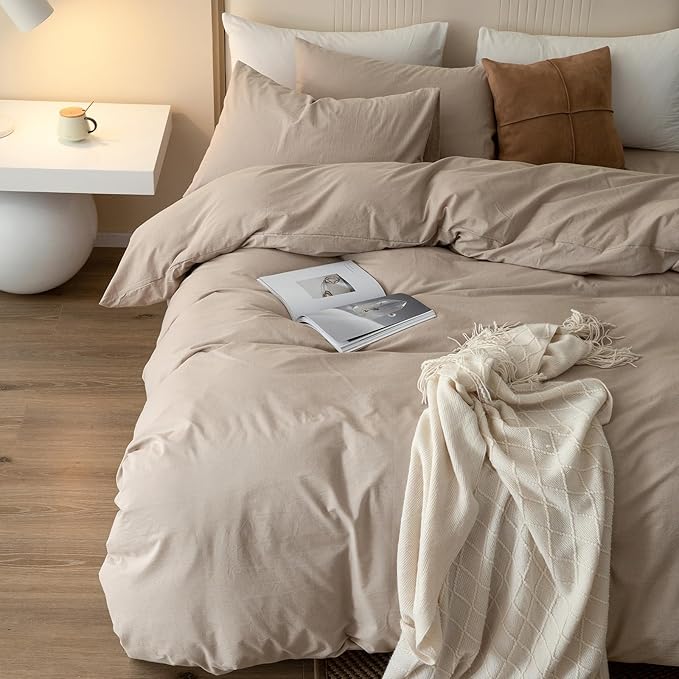 JIYUAN 100% Washed Cotton Duvet Cover Set 3 Pieces King, 1 Duvet Cover 104x90 Inches(Comforter Not Included) and 2 Pillowcases,Linen Feel Bedding Set Comfy and Breathable, Heathered Warm Taupe