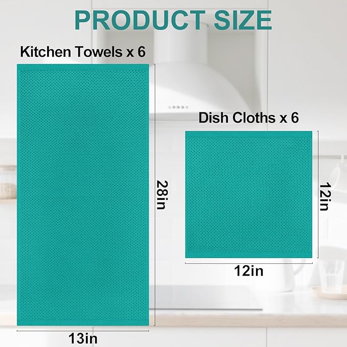 Homaxy 100% Cotton Kitchen Towels and Dishcloths Set, 12 x 12 Inches and 13 x 28 Inches, Set of 12 Bulk Kitchen Towels Set, Ultra Soft Absorbent Dish Cloths for Washing Dishes, Teal