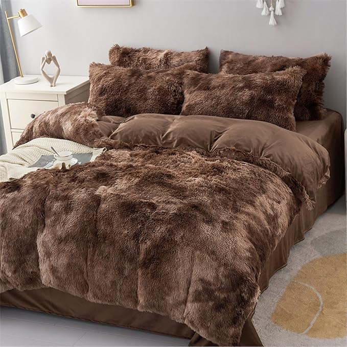 MorroMorn 5 PCS Shaggy Duvet Cover Bedding Set - Fluffy Comforter Cover Long Faux Fur Luxury Ultra Soft Cozy (Marble Brown, Full/Queen)