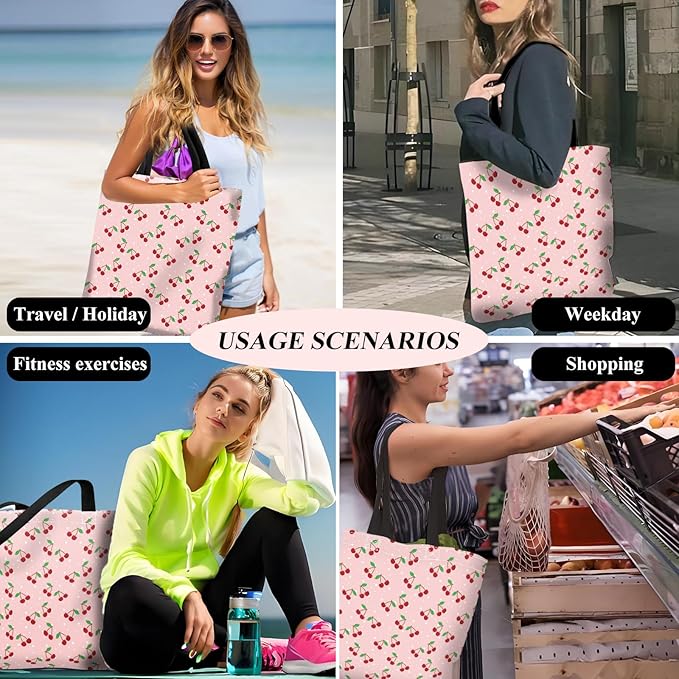 Canvas Tote Bag for Women，Cute Heavy-Duty Shoulder Bag with Zipper Pocket -Travel Tote for Grocery, Gym,Shopping