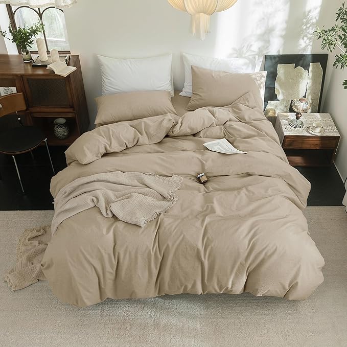 FOSSA Duvet Cover Set 100% Washed Cotton Linen Feel Super Soft Breathable Cozy 3 Pieces Bedding Sets Solid Light Khaki King