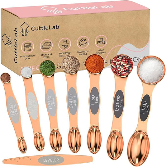 Magnetic Measuring Spoons Set - Stainless Steel, Double Ended, Stackable & Nested Design for Dry and Liquid Ingredients, Ideal for Spice Jars, 8-Piece Set with Leveler (Rose Gold)
