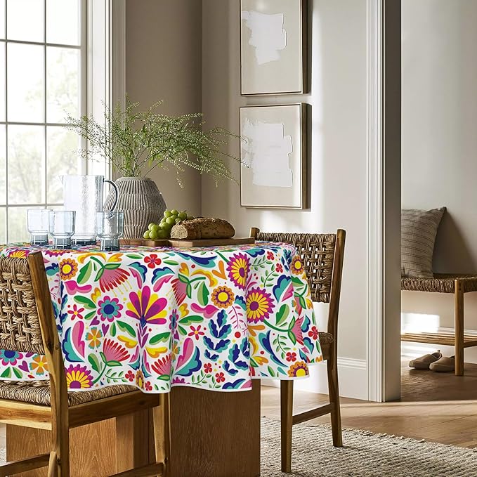 Horaldaily Mexico Tablecloth 70x70 Inch Round, Halloween Cinco De Mayo Fiesta White Washable Seasonal Table Cover for Party Picnic Dinner Decor