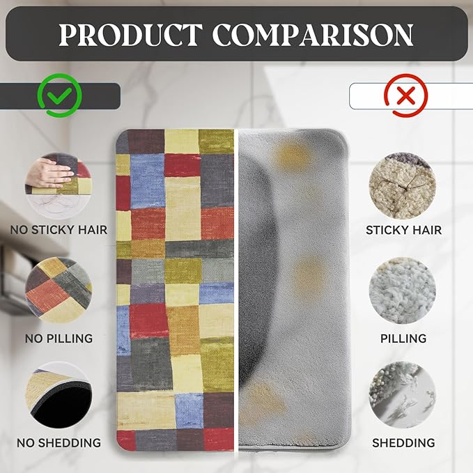 MontVoo -Bath Mat-Non Slip Thin Bathroom Rugs Fit Under Door- Quick Dry Absorbent Faux Suede Surface Grey Bathroom Floor Mats-Shower Rug for in Front of Bathtub Shower Retro Colors Plaid 17x59