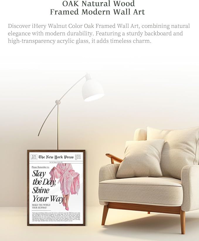 iHery Natural OAK Wood Retro Vintage Pink News Walnut Color Framed Wall Art, 12x16 in Slay the Day Shine Your Way Canvas Wall Decor, Trendy Newspaper Art For Bedroom Bathroom Living Room 1Pack