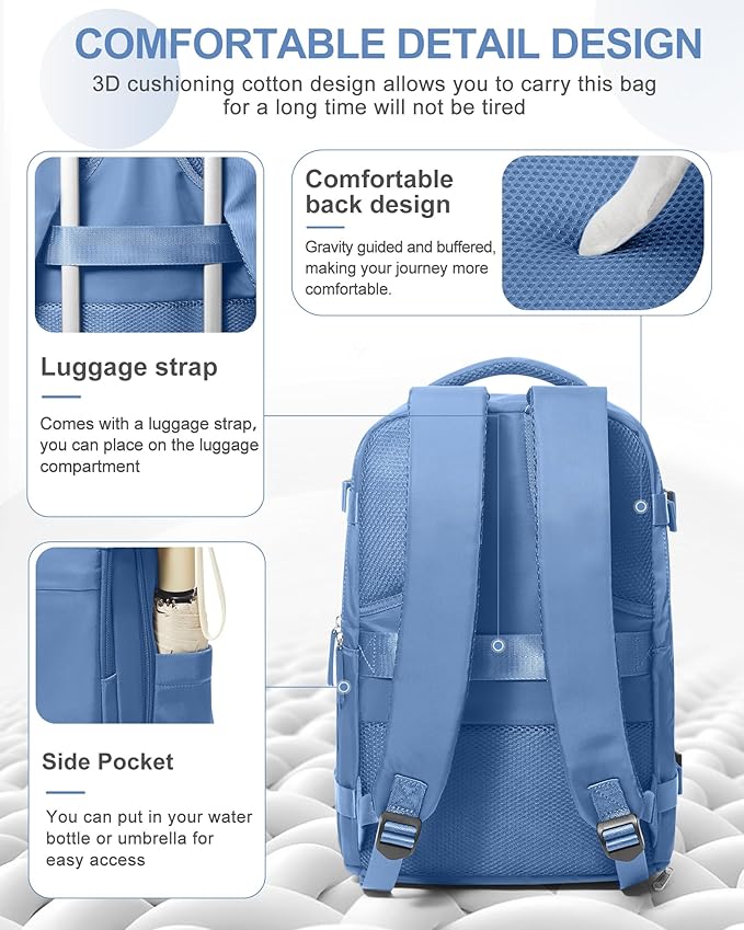 coowoz Travel Backpack for Women Man Carry On Backpack Mochila de Viaje Waterproof Teacher Personal Item Backpack Travel Bag Essentials Rucksack Airplane Accessories Must Haves Sky Blue Small