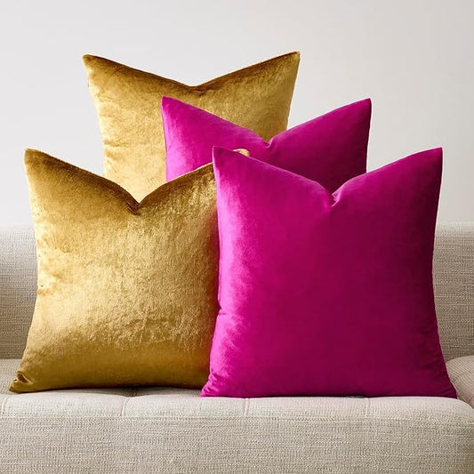 GIGIZAZA Velvet Pillow Covers 20x20,Hot Pink Gold Soft Throw Pillow Covers Set of 4 Square Decorative Modern Pillows Covers for Living Room