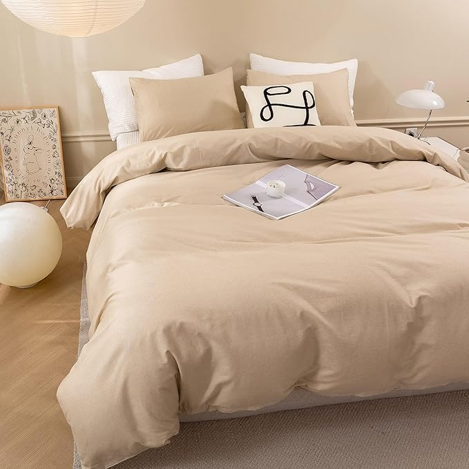 ECOCOTT Khaki Duvet Cover Queen Size - 100% Washed Cotton Durable Soft Comfy Duvet Cover Set, Lightweight and Breathable with Zipper Closure & Corner Ties (Khaki, 90''x90'')