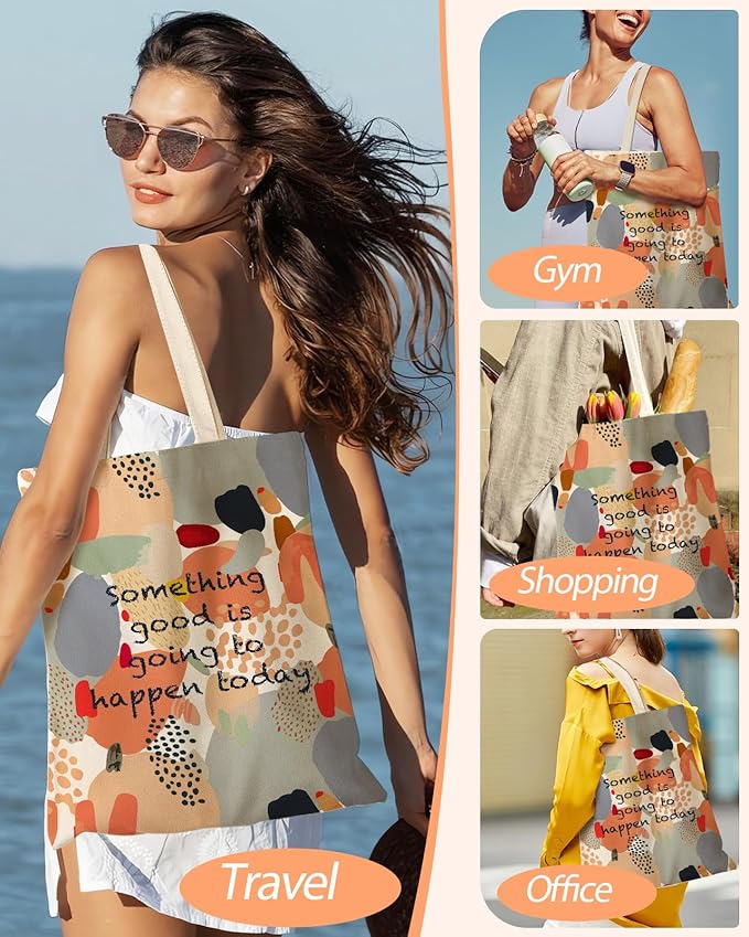 Canvas Tote Bag with Pocket - Aesthetic Cute Canvas Bag for Women Shoulder Totes for Shopping, Work, Gym