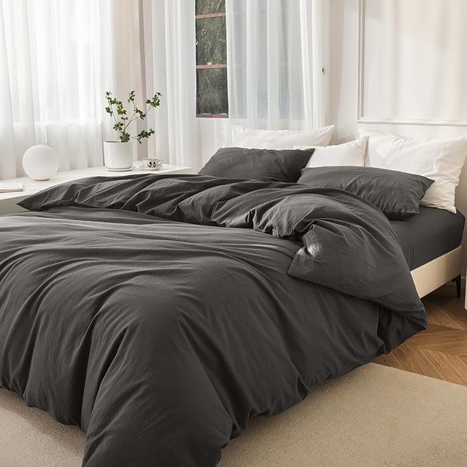 JIYUAN 100% Washed Cotton Duvet Cover Set 3 Pieces Oversized King, 1 Duvet Cover 120x98 Inches(Comforter Not Included) and 2 Pillowcases,Linen Feel Bedding Set Comfy and Breathable,Solid Dark Grey