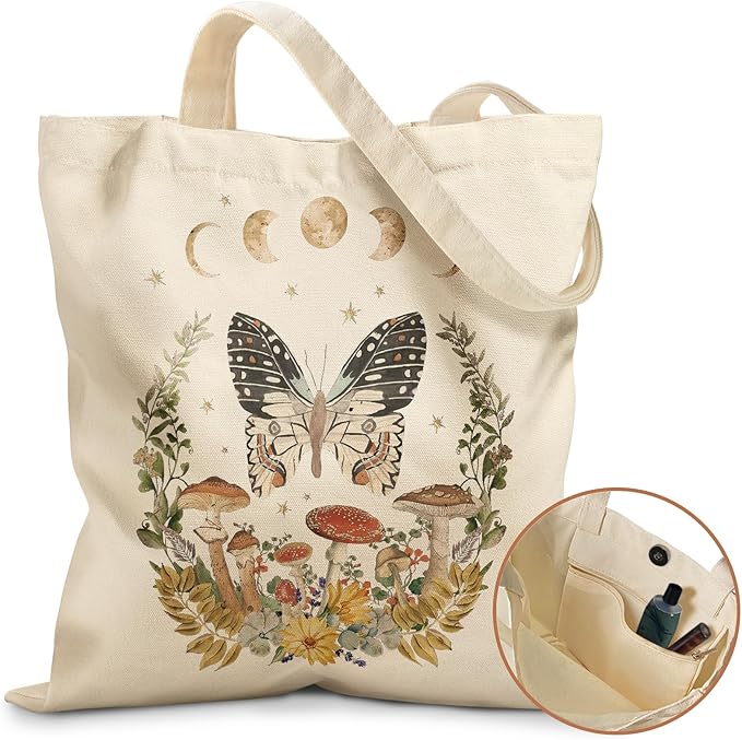 Aesthetic Tote Bag for Girls - with Magnetic Buckle and Zipper Inner Pocket for Women Lady Canvas Cotton Tote Bag