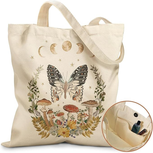 Aesthetic Tote Bag for Girls - with Magnetic Buckle and Zipper Inner Pocket for Women Lady Canvas Cotton Tote Bag