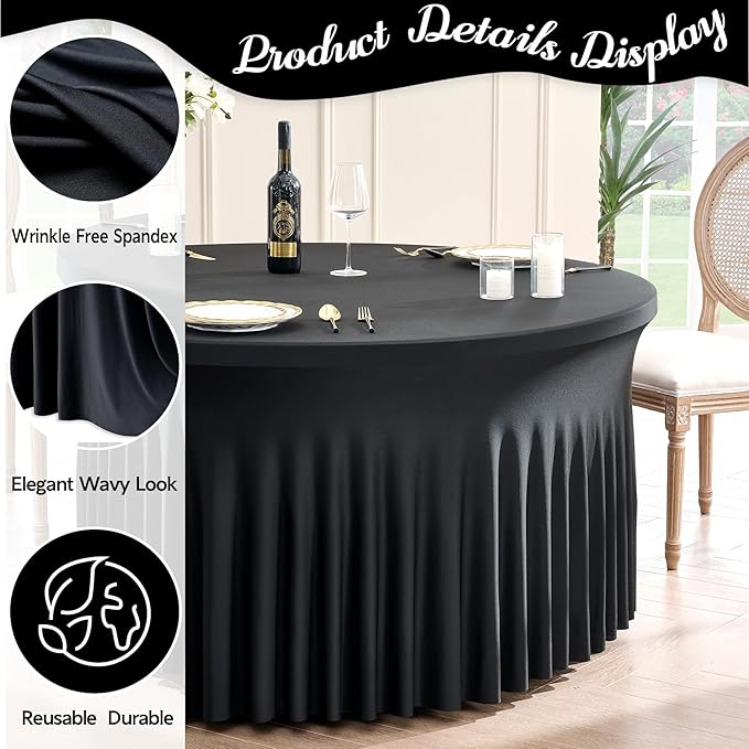 Outpain 6 Pack Black Round Spandex Tablecloth for 60 Inch/5FT Tables - Stretchy Table Cloth with Skirt, Wrinkle-Free Fitted Cloth for Wedding Vendor, Banquet & Graduation Decor (120" Round)