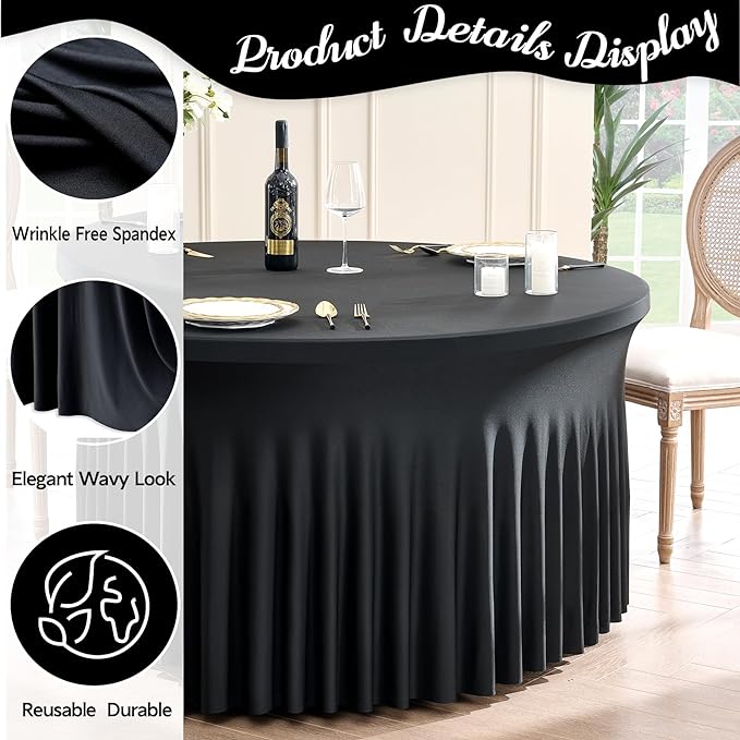 Outpain 4 Pack Black Round Spandex Tablecloth for 60 Inch/5FT Tables - Stretchy Table Cloth with Skirt, Wrinkle-Free Fitted Cloth for Wedding Vendor, Banquet & Graduation Decor (120" Round)