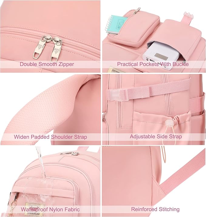 LXYGD Laptop Backpack 15.6 Inch Kids Elementary Middle High School Bag College Backpacks Anti Theft Travel Back Pack Large Bookbags for Teens Girls Women Students (Pink)