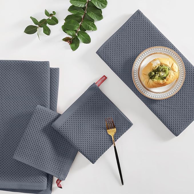 Homaxy 100% Cotton Kitchen Towels and Dishcloths Set, 12 x 12 Inches and 13 x 28 Inches, Set of 8 Bulk Kitchen Towels Set, Ultra Soft Absorbent Dish Cloths for Washing Dishes, Dark Grey