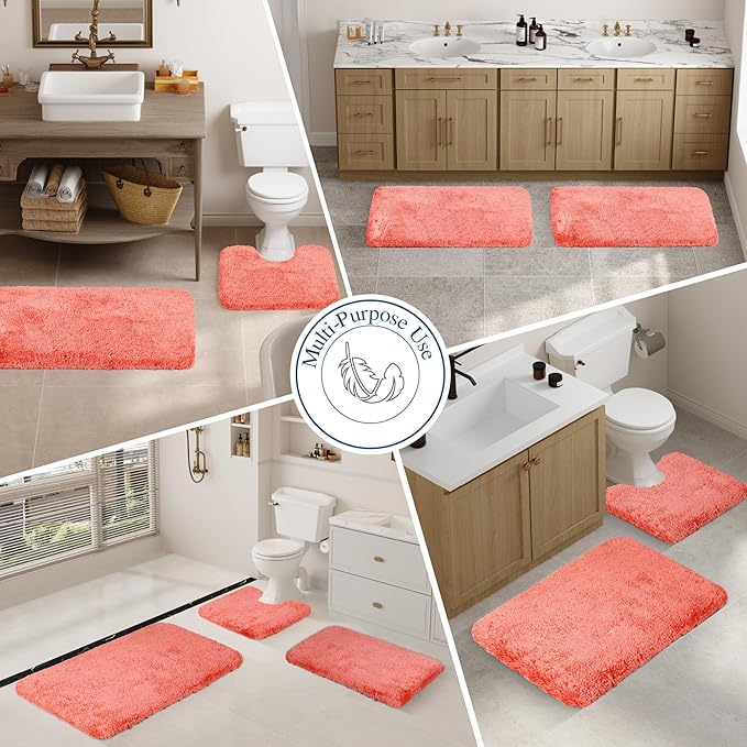 Walensee Bathroom Contour Rug (20x24, Living Coral) Non Slip Bath Mats Water Absorbent Soft Microfiber Shaggy Bathroom Mat Machine Washable Bath Rug U Shape Toilet Rug