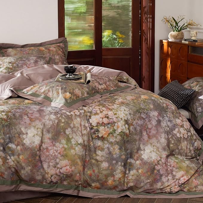 mixinni Vintage Floral Duvet Cover Set - King Size, 100% Long Staple Cotton Percale, Reversible Garden Style Bedding Set with Zipper Closure, 3-Piece Luxury Duvet Cover with 2 Pillow Shams (20"x36")