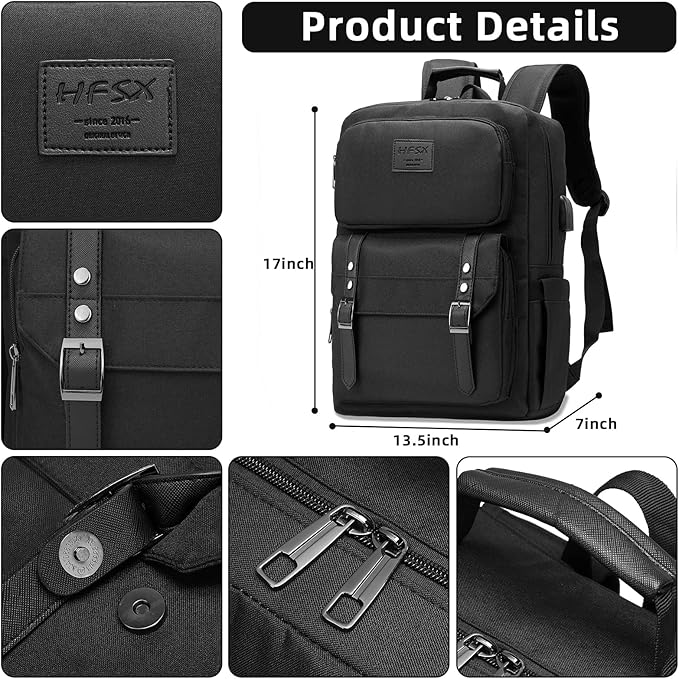 HFSX Laptop Backpack Women Men College Backpacks Bookbag Vintage Backpack Book Bag Fashion Back Pack Anti Theft Travel Backpacks with Charging Port fit 15.6 Inch Laptop Black