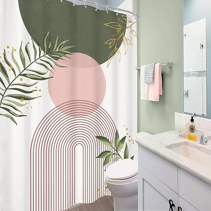 Pink Green Boho Shower Curtain 72Wx96H Extra Long Modern Bohemian Abstract Sage Green Gold Leaves Mid Century Plant Minimalist Bathroom Decor Arch Bath Curtain Fabric Polyester 12 Pack Hooks