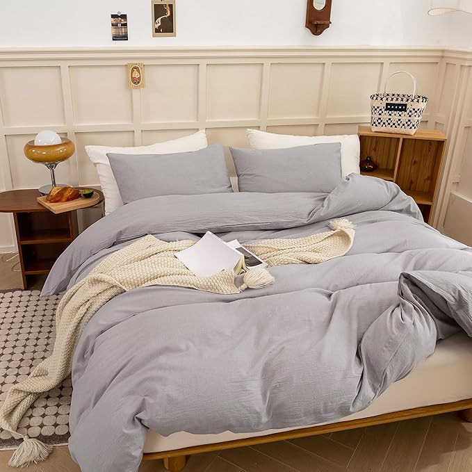 ECOCOTT Duvet Cover Set, 100% Washed Cotton Linen-Like Textured Soft & Breathable, Durable Comfy Bedding Set for All Seasons (Light Grey, King)