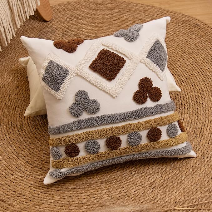 lifein 18x18 Pillow Covers-Throw Pillow Cover,Tufted Boho Jacquard Pillow Covers,Farmhouse Decorative Pillow Cover,Pillow Cases for Gift,Couch,Sofa,Bed,Chair,Living Room,Home Decor(18x18inch)